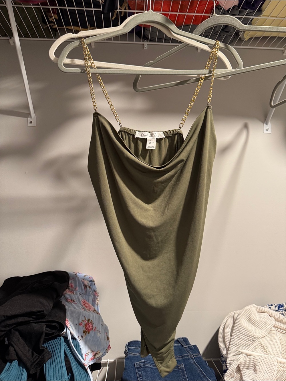 Chain Strap Olive Green Cowl Neck Women's Top